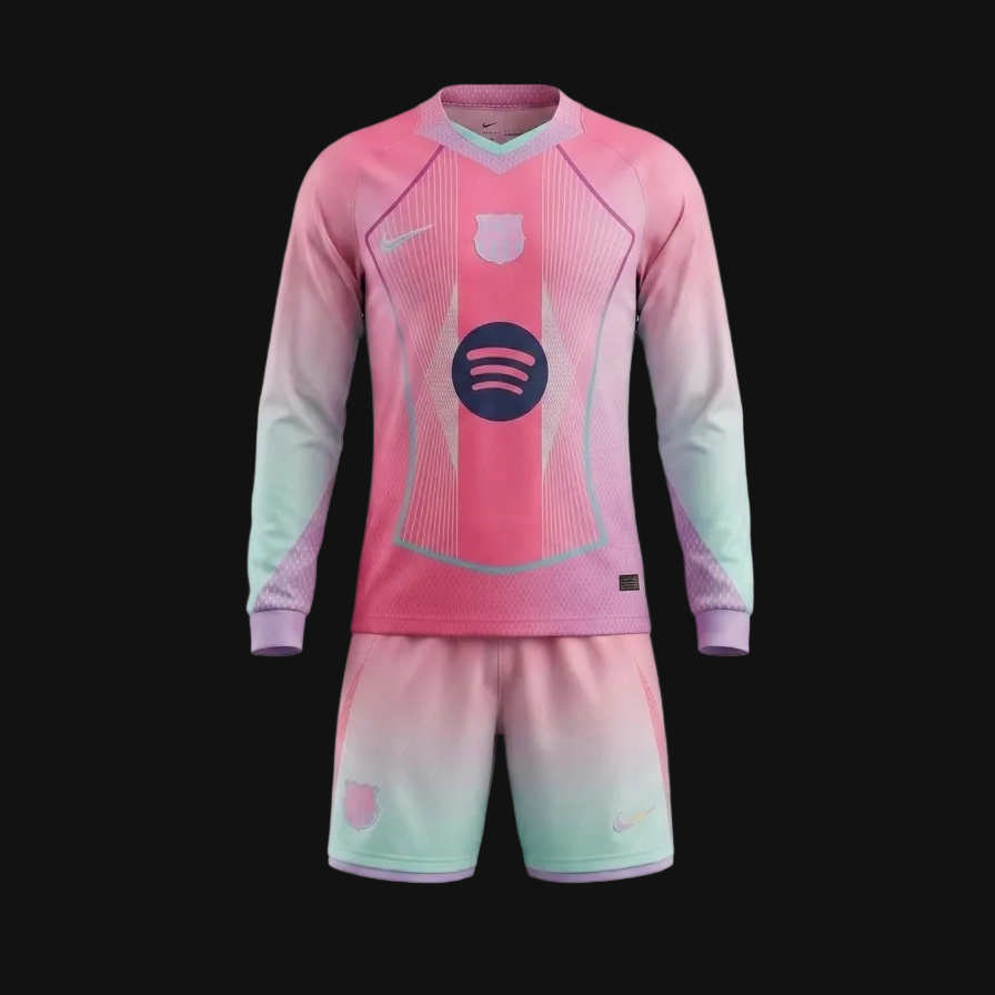 special edition pink FC Barcelona football jersey and shorts set